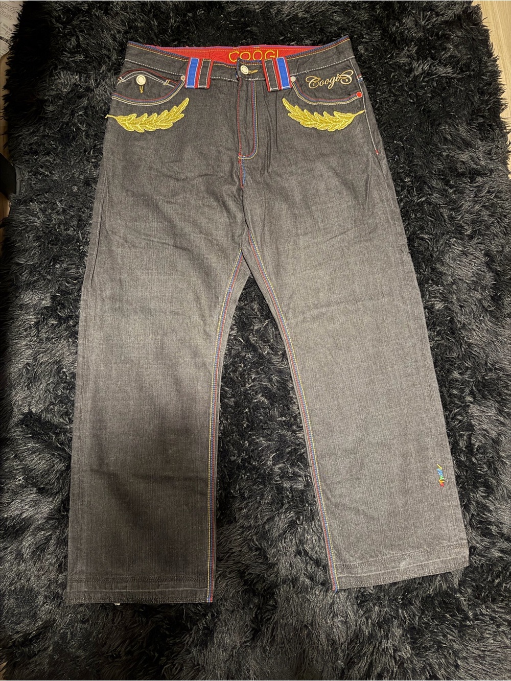 COOGI Black Denim Jeans with Yellow Laurel Embroidery